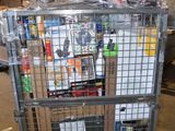 a metal cart with many items on it in a warehouse