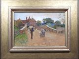 tableau représentant des enfants jouant avec un chien sur un chemin de terre