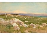 an image of a painting of sheep grazing in a field by the ocean