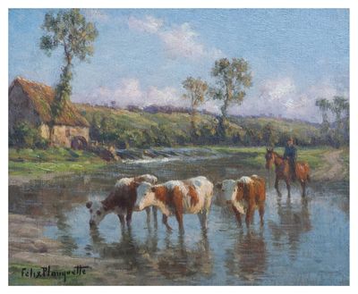 painting of a herd of cattle drinking water from a river