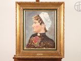 a painting of a woman with a white hat on a easel