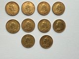 six different types of gold coins on a white surface