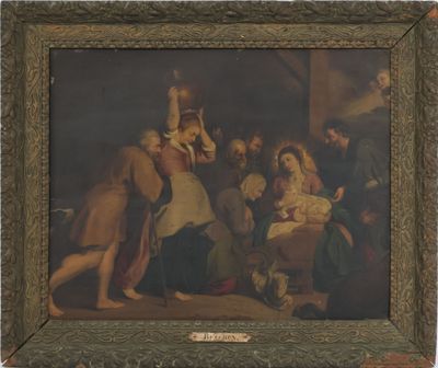 tableau représentant un groupe de personnes rassemblées autour d'un bébé dans une crèche