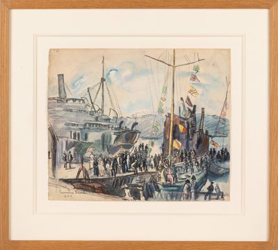 une image représentant une aquarelle d'un bateau sur lequel se tiennent des personnes