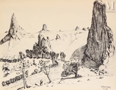 dessin représentant un paysage de montagne avec un groupe de personnes au premier plan et des arbres au premier plan