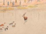 a watercolor painting of a deer in the water with other animals