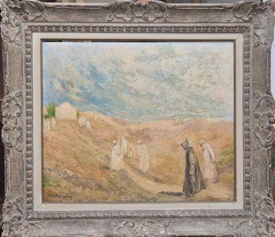 une peinture à l'huile représentant un groupe de personnes marchant dans un champ