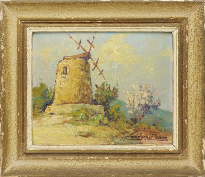 un tableau représentant un moulin à vent sur une colline, avec des arbres en arrière-plan