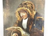 un vieux tableau représentant une femme en train de lire un livre et tenant un panier