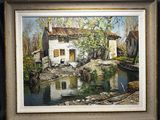 an oil painting of a house by a river with a boat in front of it