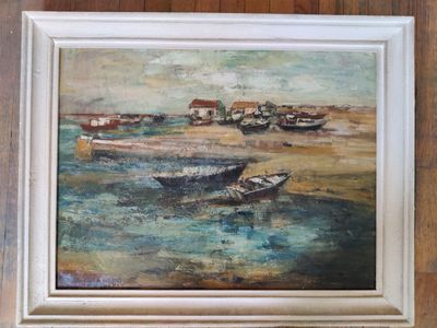 a painting on the wall of a room with a painting of boats