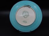a blue and white plate with a picture on it