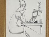 drawing of a woman sitting at a desk with a bird on top of it