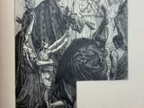 an old book with a drawing of a woman being taken from a man