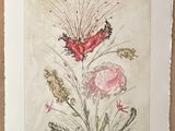 a picture of a painting of a red butterfly on a flower