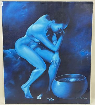 Kamba SITA. Femme à la toilette. Huile sur toile. Signée en …