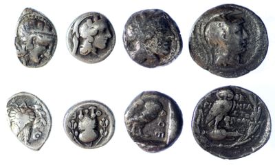 six ancient roman coins with faces and heads on them