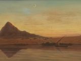 tableau représentant un bateau sur un plan d'eau, avec une montagne en arrière-plan