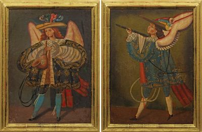 deux tableaux représentant un homme armé d'une épée et une femme armée d'une épée
