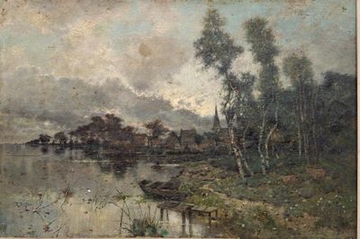painting of a river scene with a boat in the foreground and trees in the background