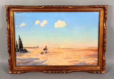une peinture à l'huile représentant un homme à cheval traversant un champ enneigé