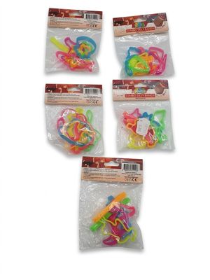 six sachets d'élastiques assortis, de différentes couleurs et tailles