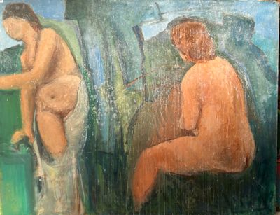 a painting of two nudes sitting on a bench