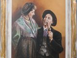 painting of a man and a woman holding an umbrella in front of a brown background