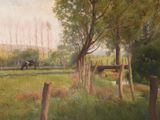 a painting of a cow in a field by a fence