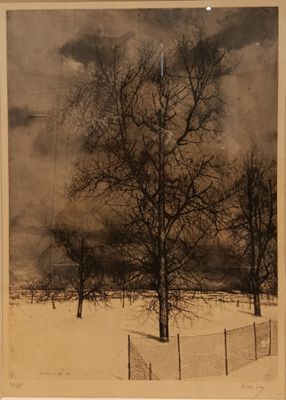a picture of a black and white photo of a tree in the snow