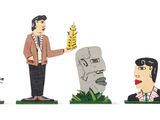 three figurines of a man and a dog and a man with a dog