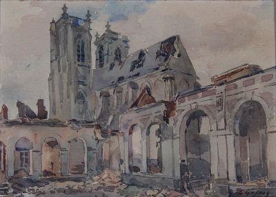 tableau représentant un vieux bâtiment avec une tour horloge en arrière-plan