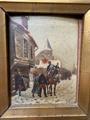 un tableau représentant un groupe de personnes à cheval dans la neige