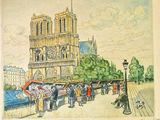 tableau représentant un groupe de personnes debout devant une cathédrale