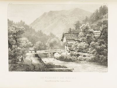 dessin représentant un pont enjambant une rivière, avec une montagne en arrière-plan