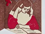 a card with a picture of a woman in a red dress