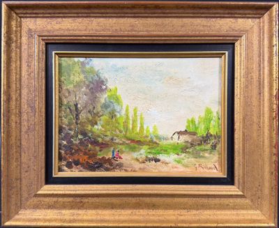un tableau représentant un paysage avec des vaches et des arbres au premier plan