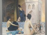 tableau représentant deux femmes assises au bord d'une piscine