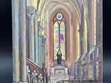 a painting of a church with a stained glass window