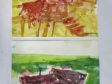 two paintings of boats on the water and one of them is red and green