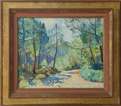 une image représentant un tableau d'un sentier dans les bois