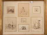 an old picture of a group of drawings of people and animals