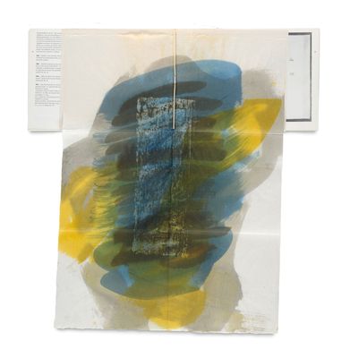 une peinture bleue et jaune sur une feuille de papier