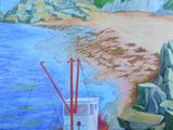 une peinture représentant un bateau sur l'eau, près d'un rivage rocheux
