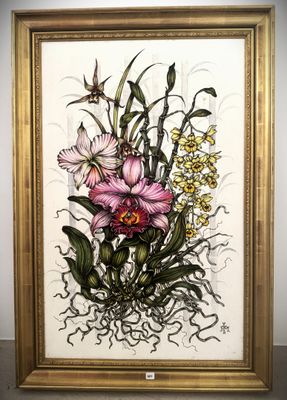 an image of a painting of a pink flower in a gold frame