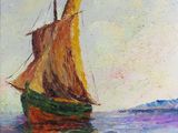 une peinture représentant un voilier en mer, avec le ciel en arrière-plan