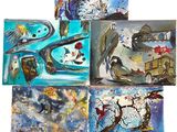 six paintings of birds and flowers on a white background