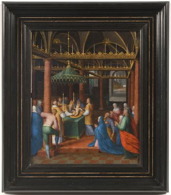 une peinture à l'huile représentant un groupe de personnes réunies autour d'une table