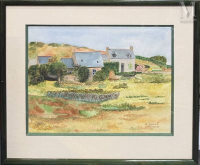aquarelle encadrée représentant une scène de campagne avec une maison en arrière-plan