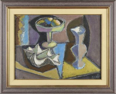 une image représentant un tableau où l'on voit un vase et une corbeille de fruits posés sur une table